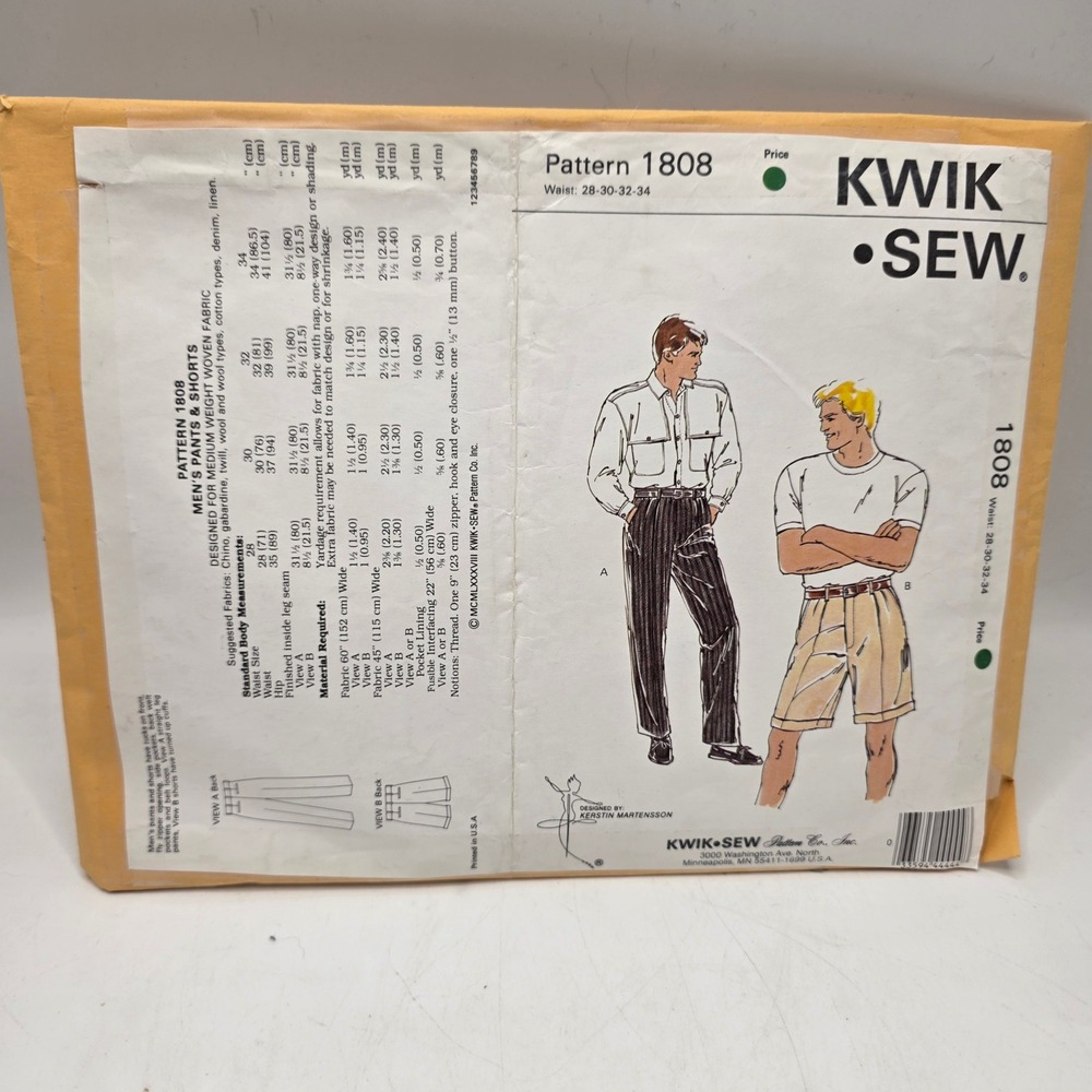 Kwik Sew 1808 Mens Pants Shorts Pattern 1988 Pleated Trousers Waist 28-34